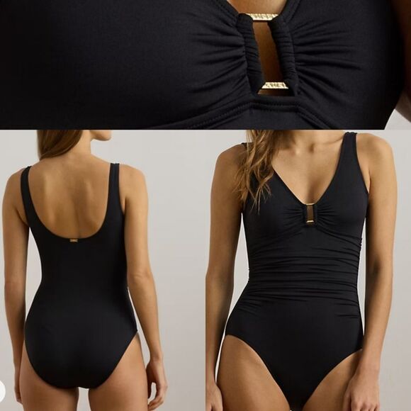 $145 NEW RALPH LAUREN BLACK GOLD RING FRONT ONE PIECE SWIMSUIT 12 XL NWT - Picture 1 of 7
